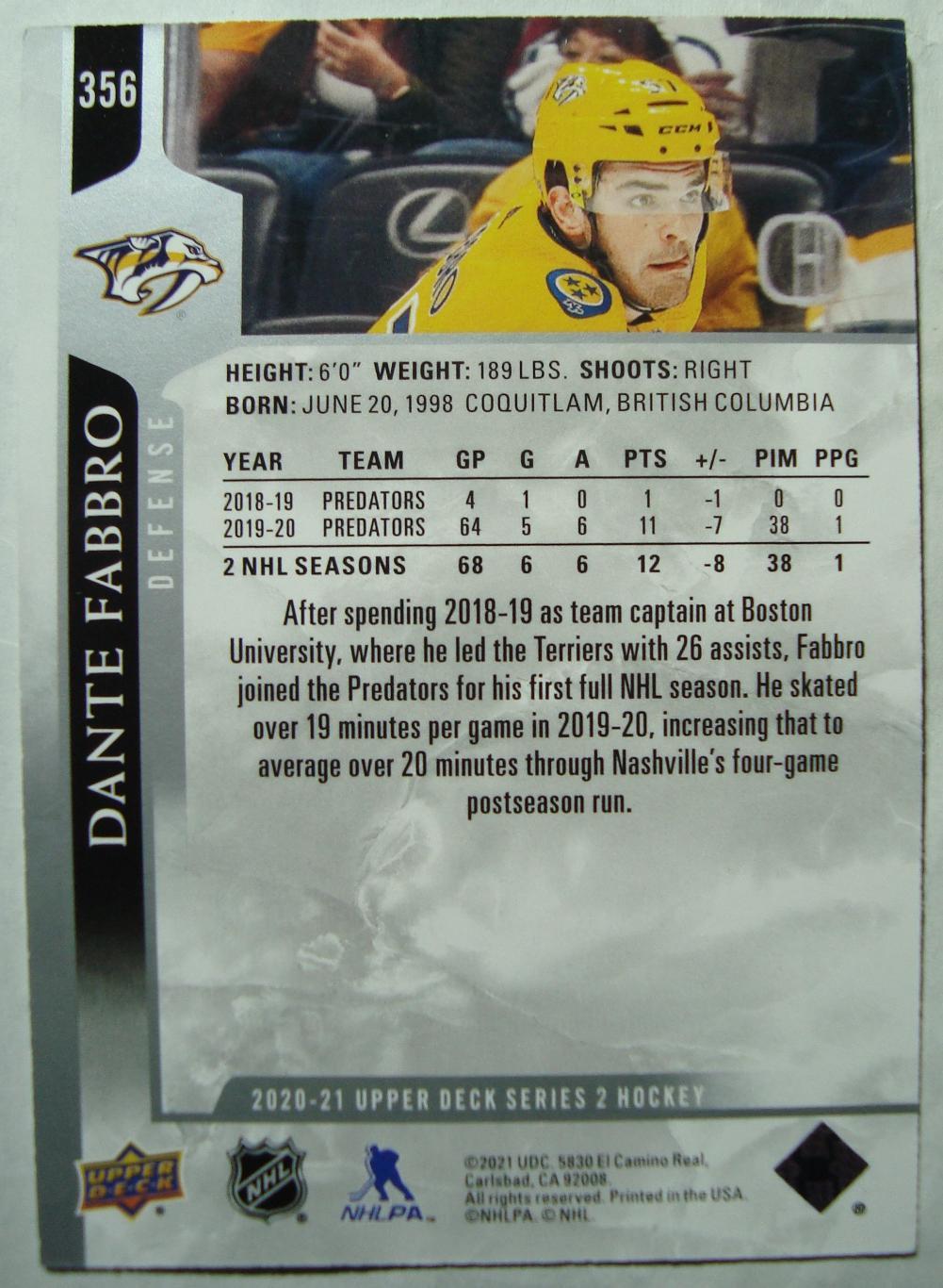 Карточка. НХЛ. Данте Фаббро (Nashville Predators). 1