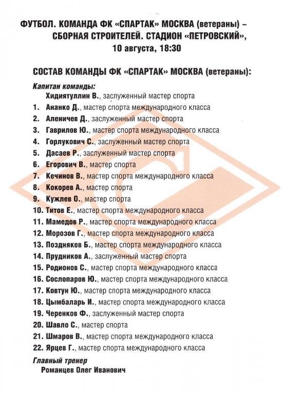 10 августа 2011 Сб. строителей -Сб. Ветеранов Спартак М 1