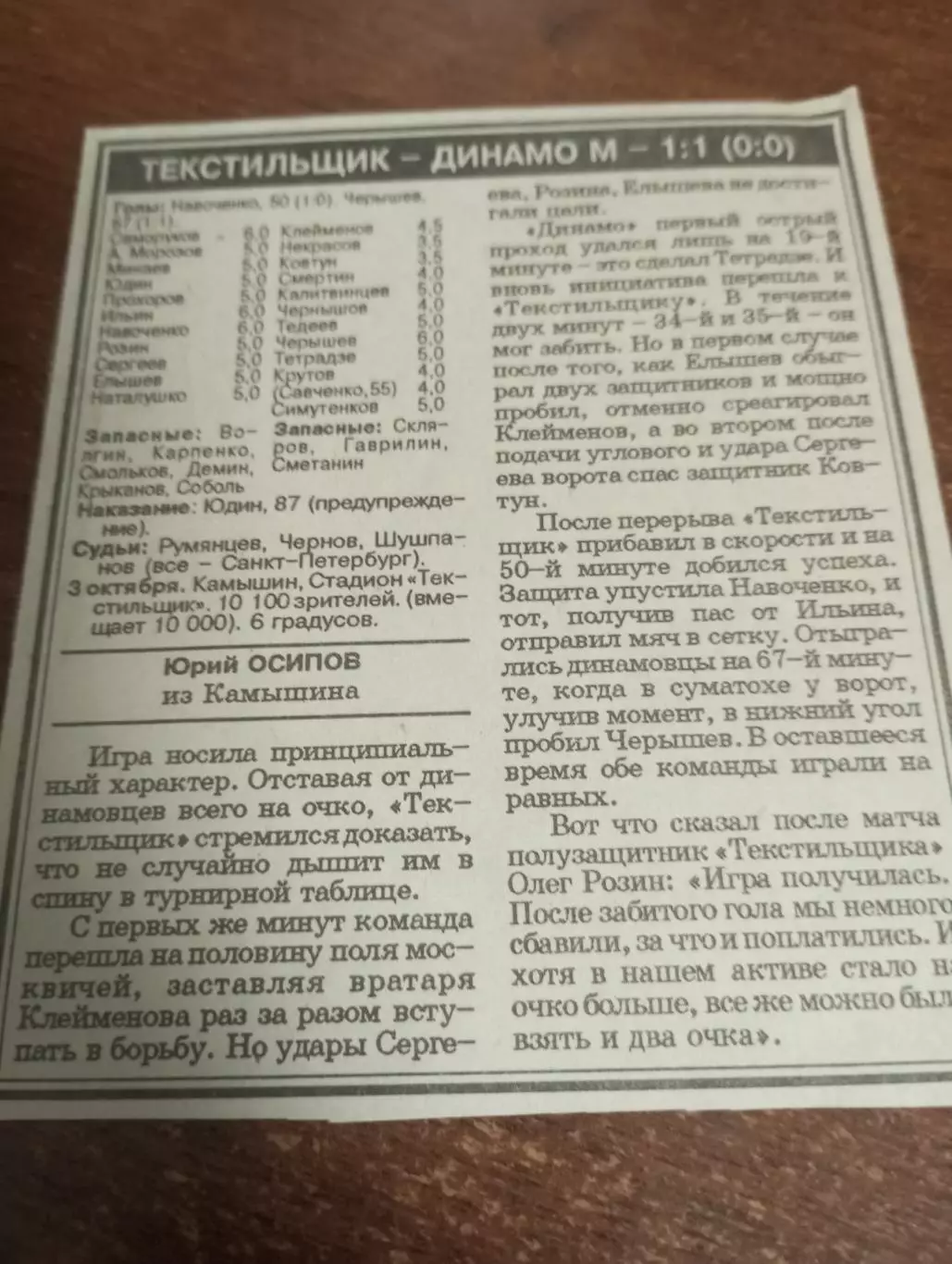Текстильщик (Камышин) - Динамо (Москва). 3.10.1993. Счёт (1-1). Отчёт
