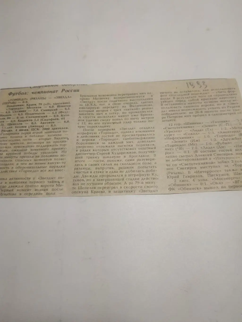 Торпедо.. Рязань. - Звезда (Пермь). 4.06.1993. (отчёт о матче)