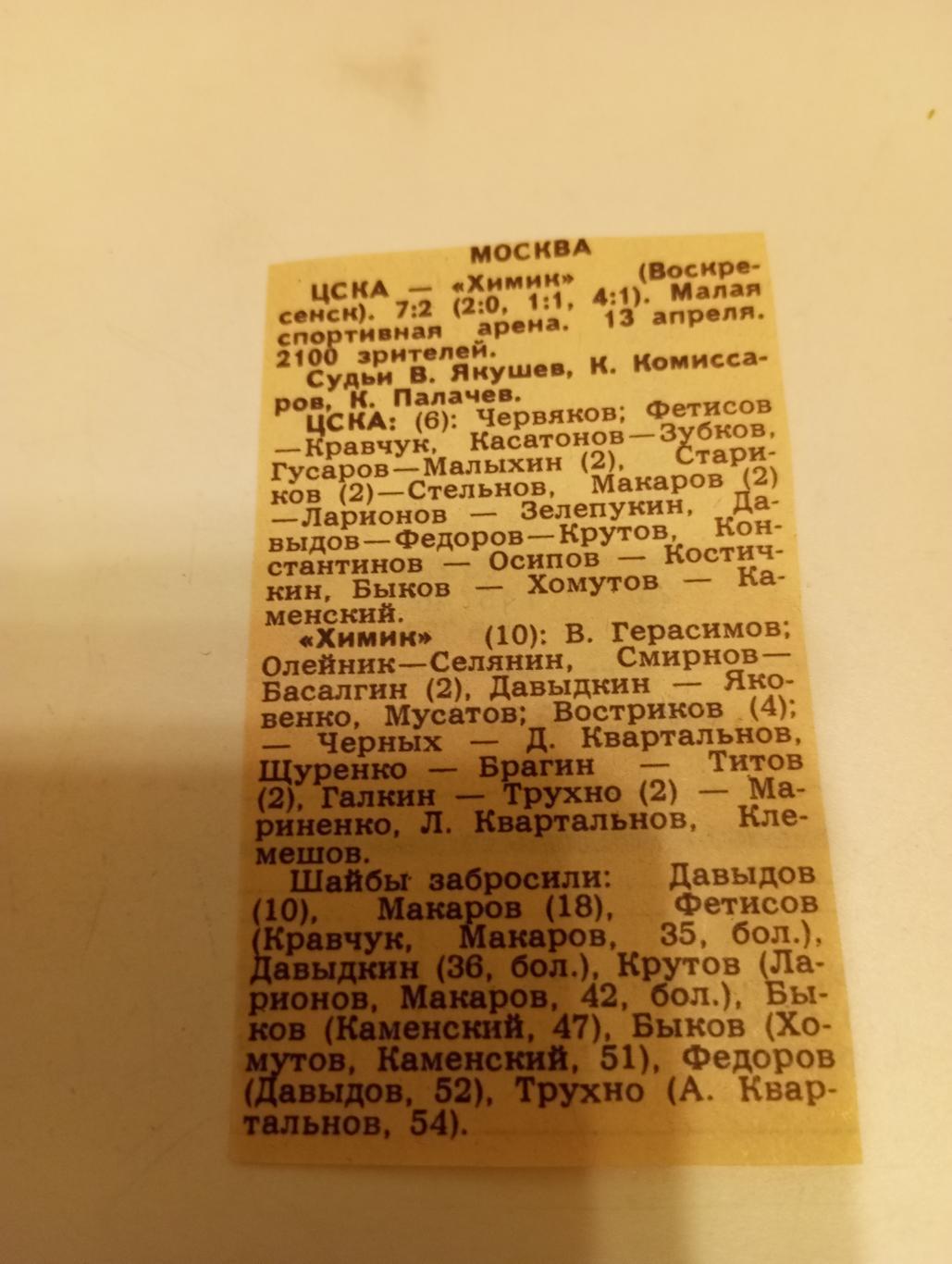 Цска - Химик (Воскресенск). 13.04.1987. Счёт (7-2)