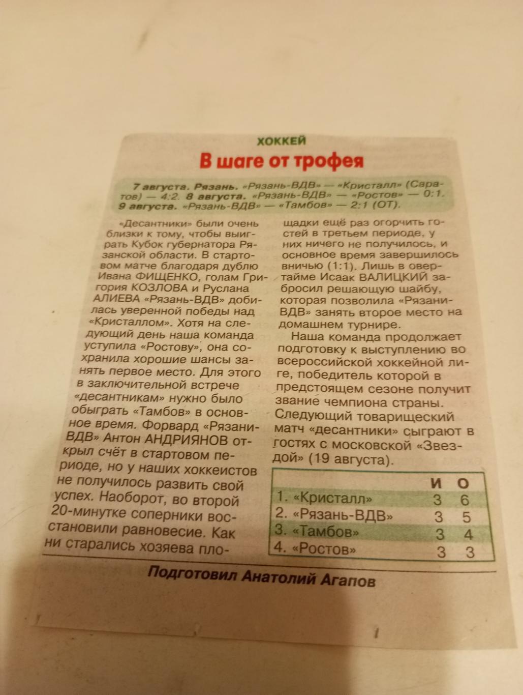 ХК.. Рязань ВДВ -/Саратов /Ростов/Тамбов- 7-9.08.2024. Кубок губернатора Рязань.