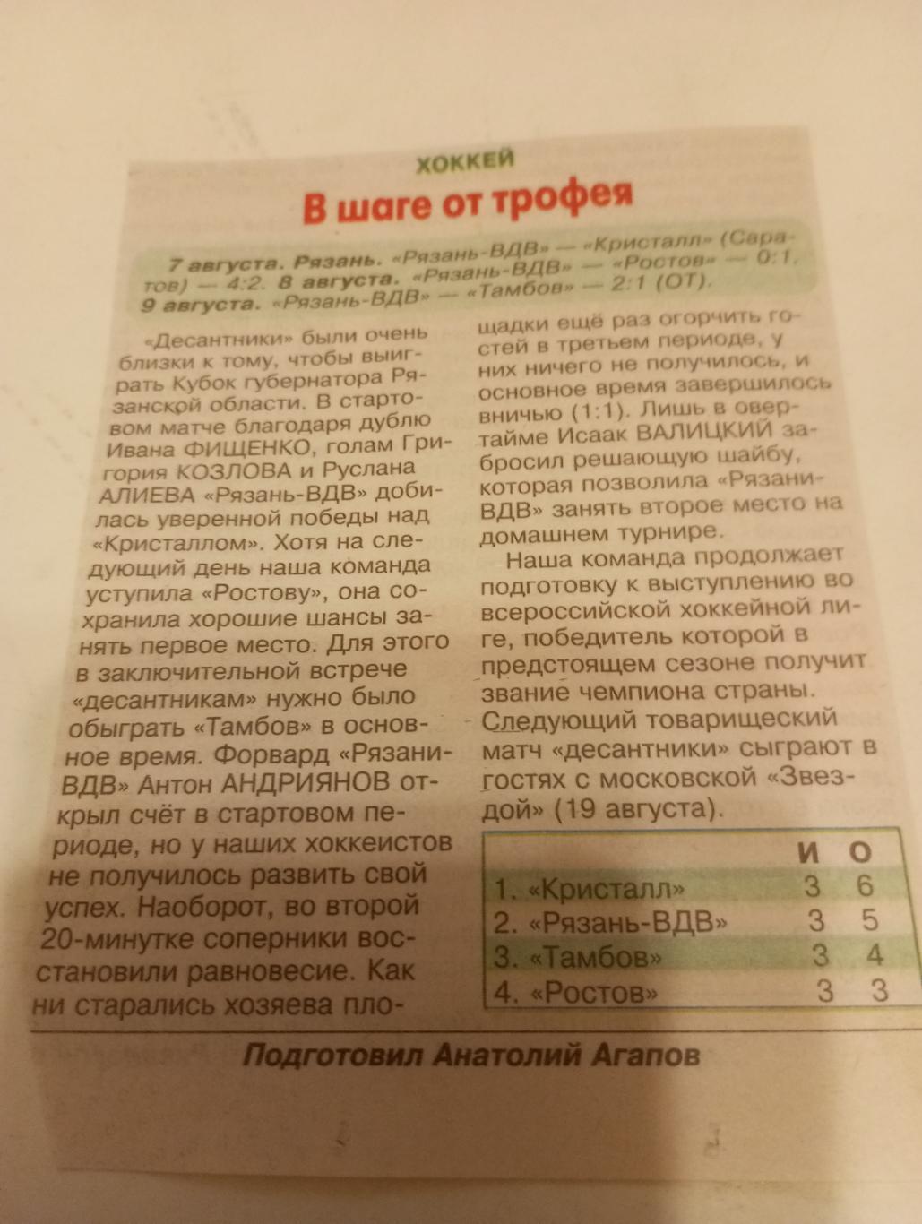 ХК.. Рязань ВДВ -Саратов /Ростов/Тамбов- 7-9.08.2024. Кубок губернатора Рязань.