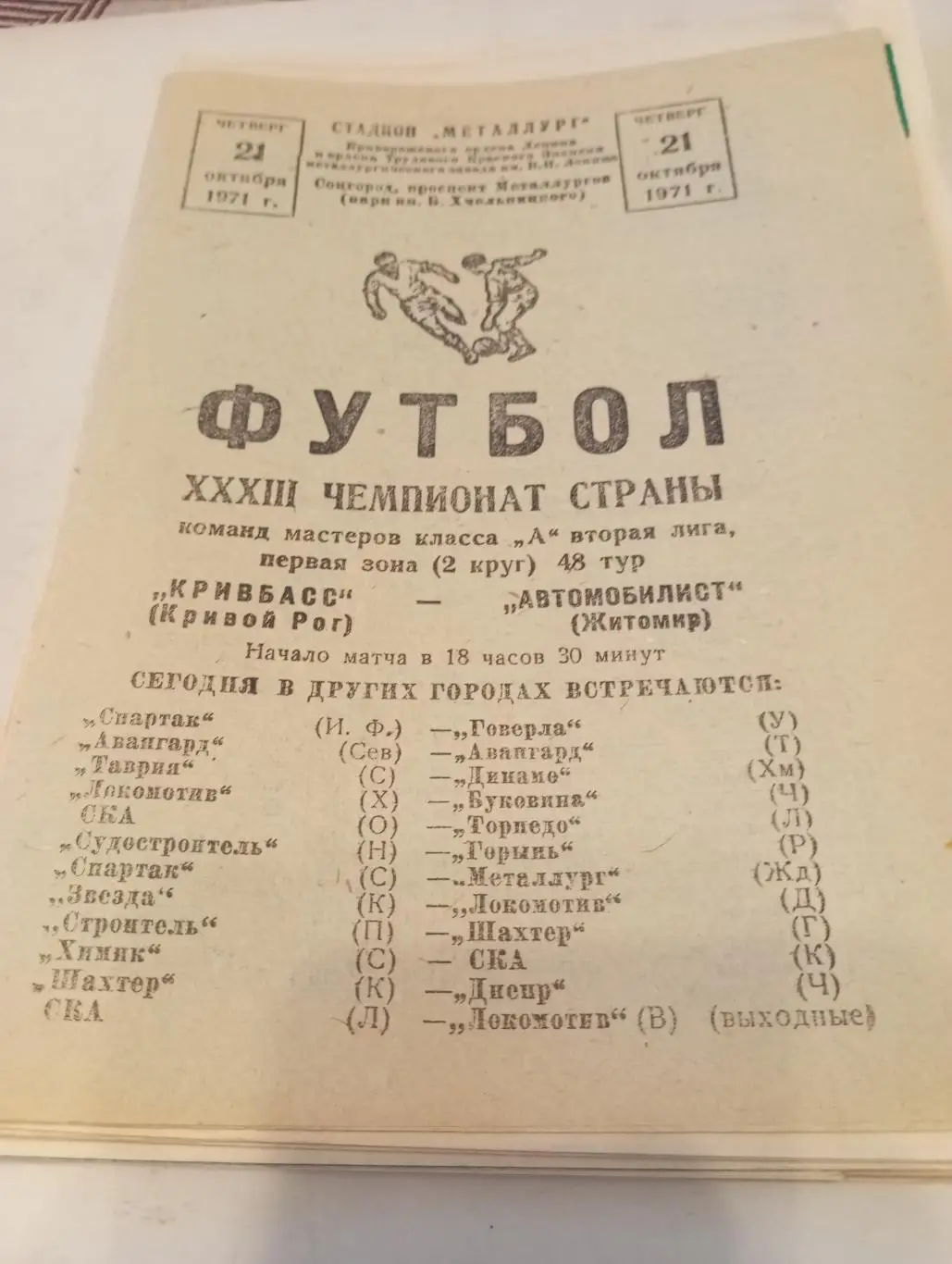 Кривбасс (Кривой Рог) - Автомобилист (Житомир).21.10.1971.