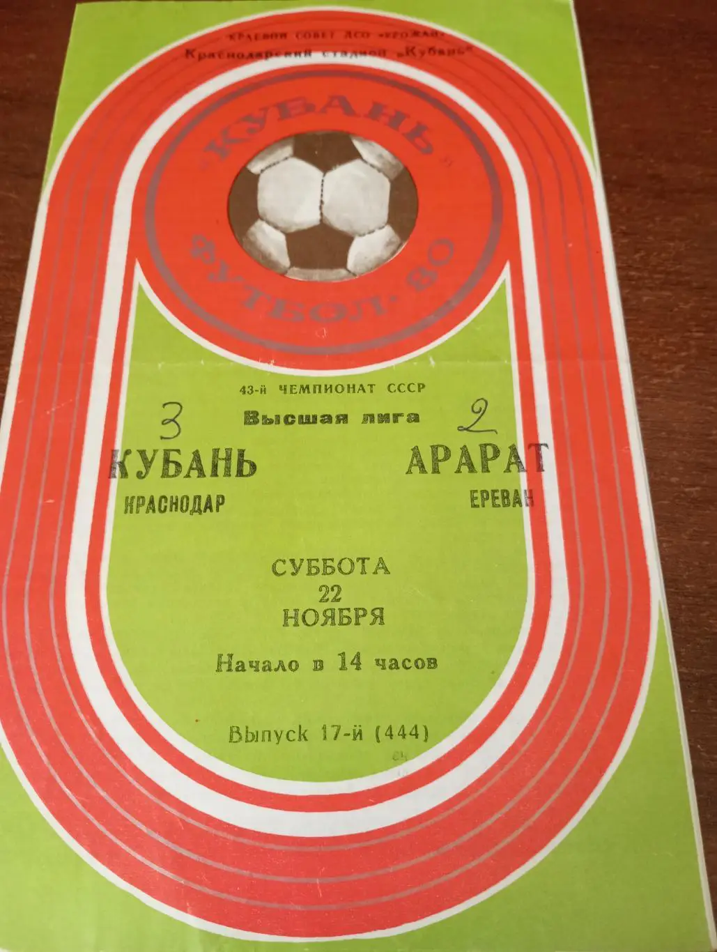 Кубань (Краснодар) - Арарат (Ереван).22.11.1980.