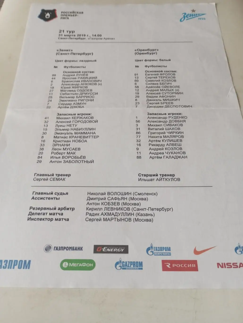 Зенит (Санкт-Петербург) - ФК. Оренбург. 31.03.2019.. Протокол игры