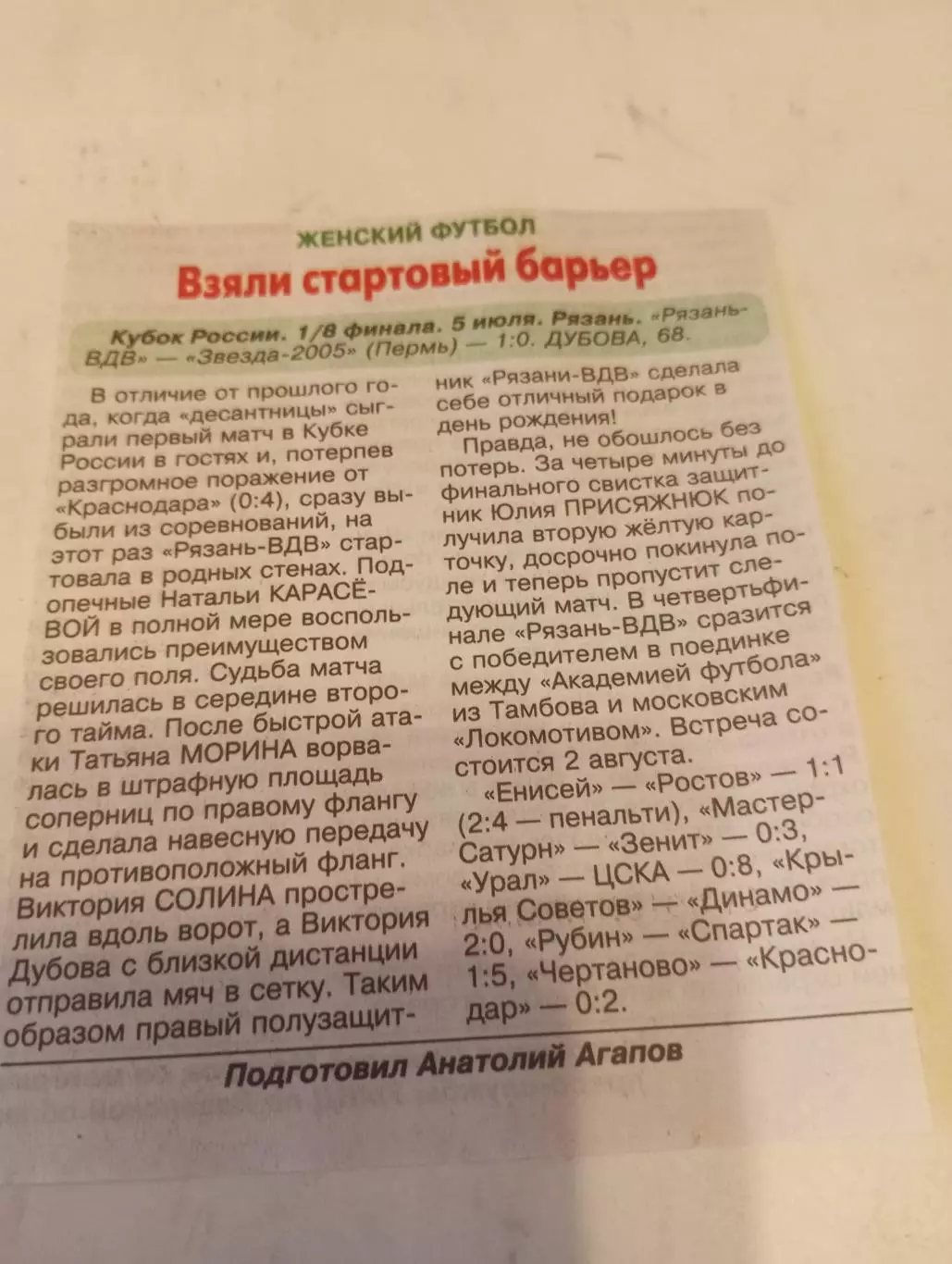 ЖФК. Рязань ВДВ - Звезда 2005(Пермь). 5.07.2025. Счёт (1-0) кубок России.