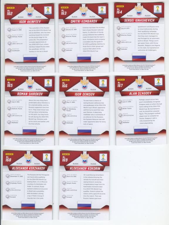 Полный комплект базовых карточек сборной России ЧМ-2014 Panini Prizm 1