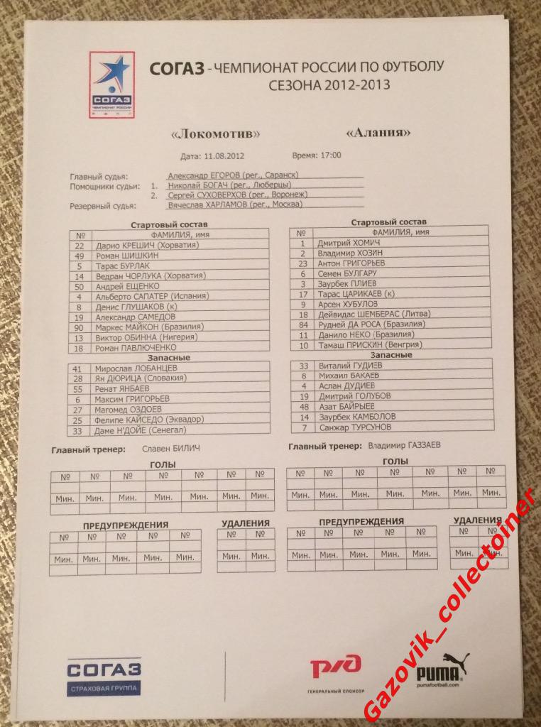 line-ups «Локомотив» (Москва) — «Алания» (Владикавказ), 11.08.2012