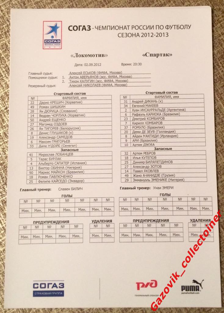 line-ups «Локомотив» (Москва) — «Спартак» (Москва), 02.09.2012