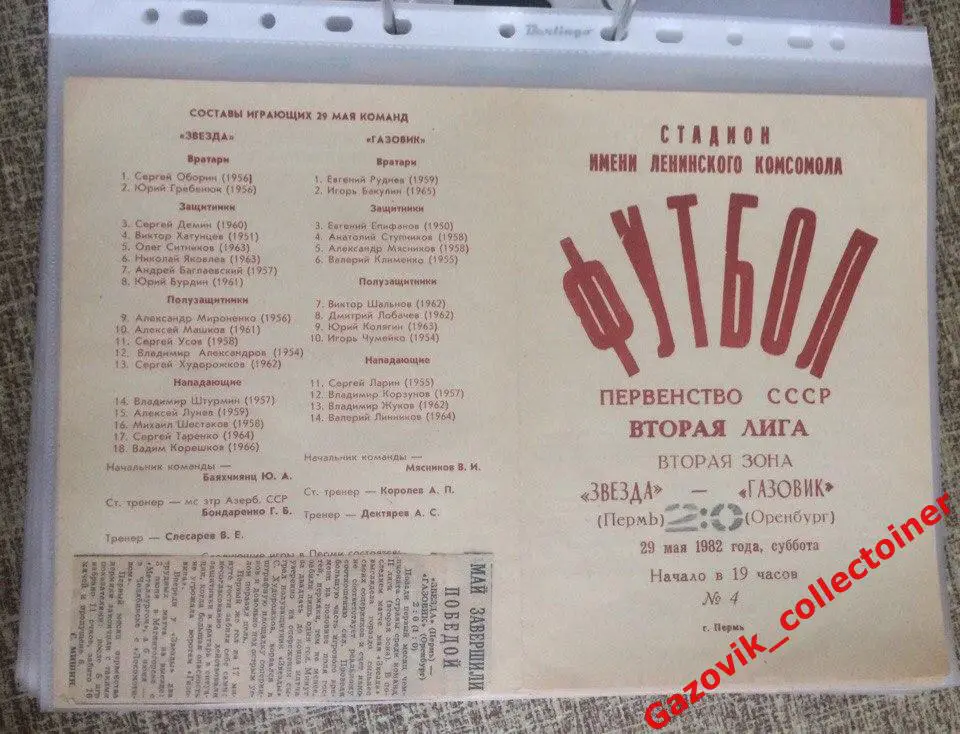 «Звезда» (Пермь) — «Газовик» (Оренбург), 29.05.1982 + отчёт