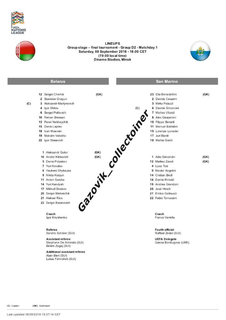 line-ups Лига Наций сборная Беларусь - Сан-Марино, 08.09.2018