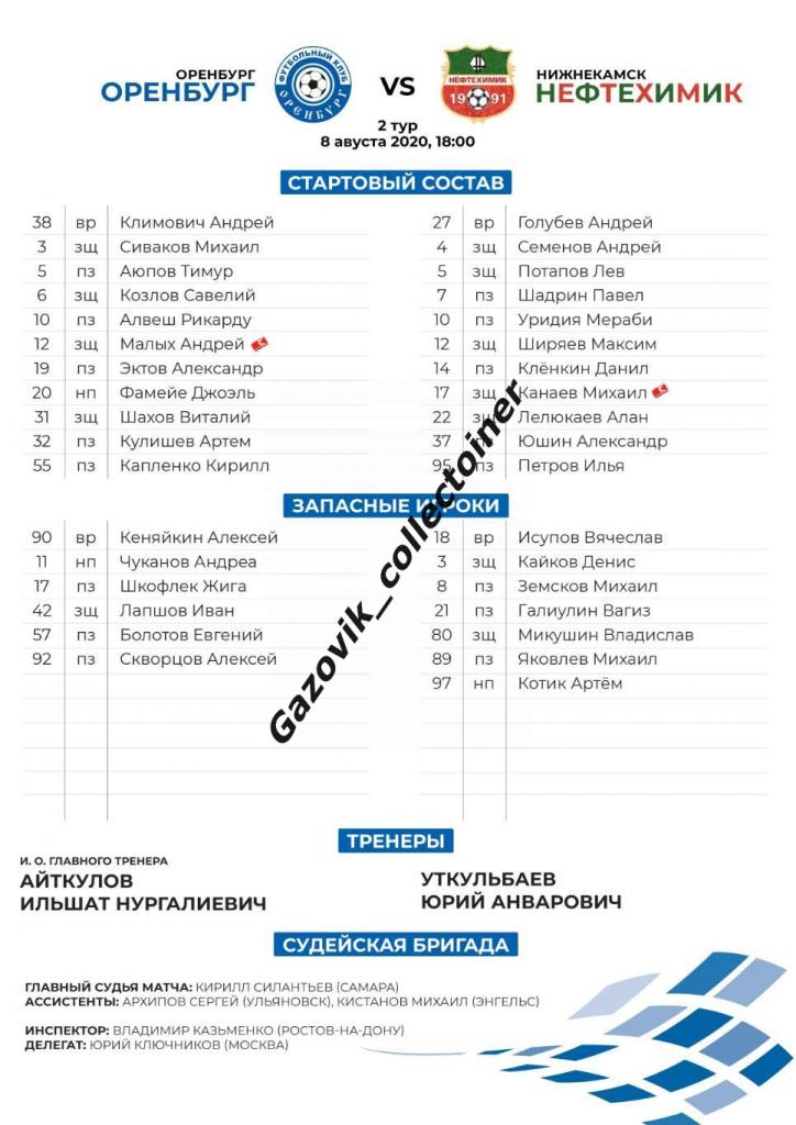 line-ups Оренбург - Нефтехимик Нижнекамск, 08.08.2020