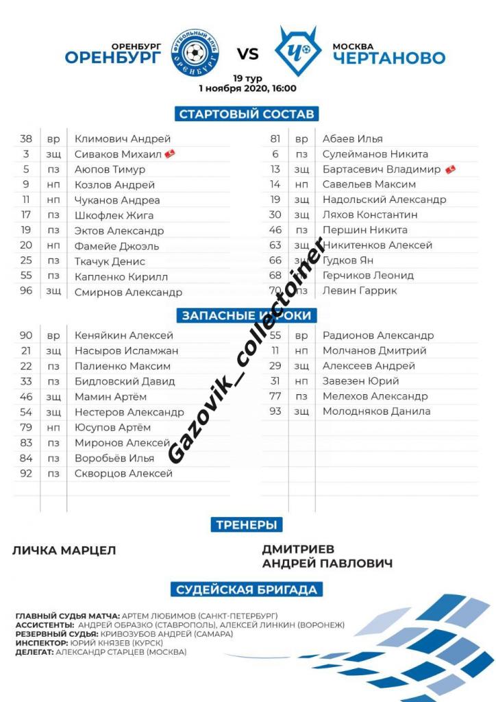 line-ups Оренбург - Чертаново Москва, 01.11.2020