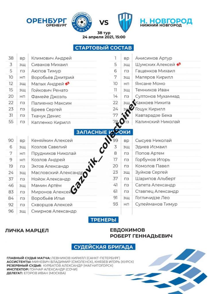 line-ups Оренбург - Нижний Новгород, 24.04.2021