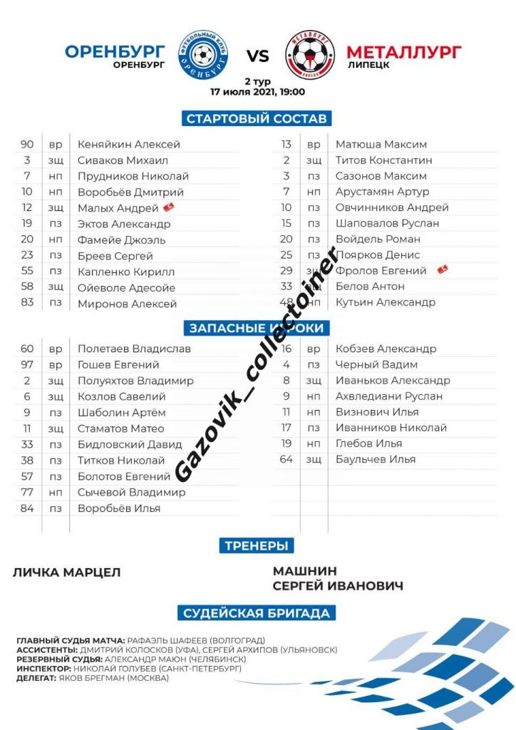 line-ups Оренбург - Металлург Липецк, 17.07.2021