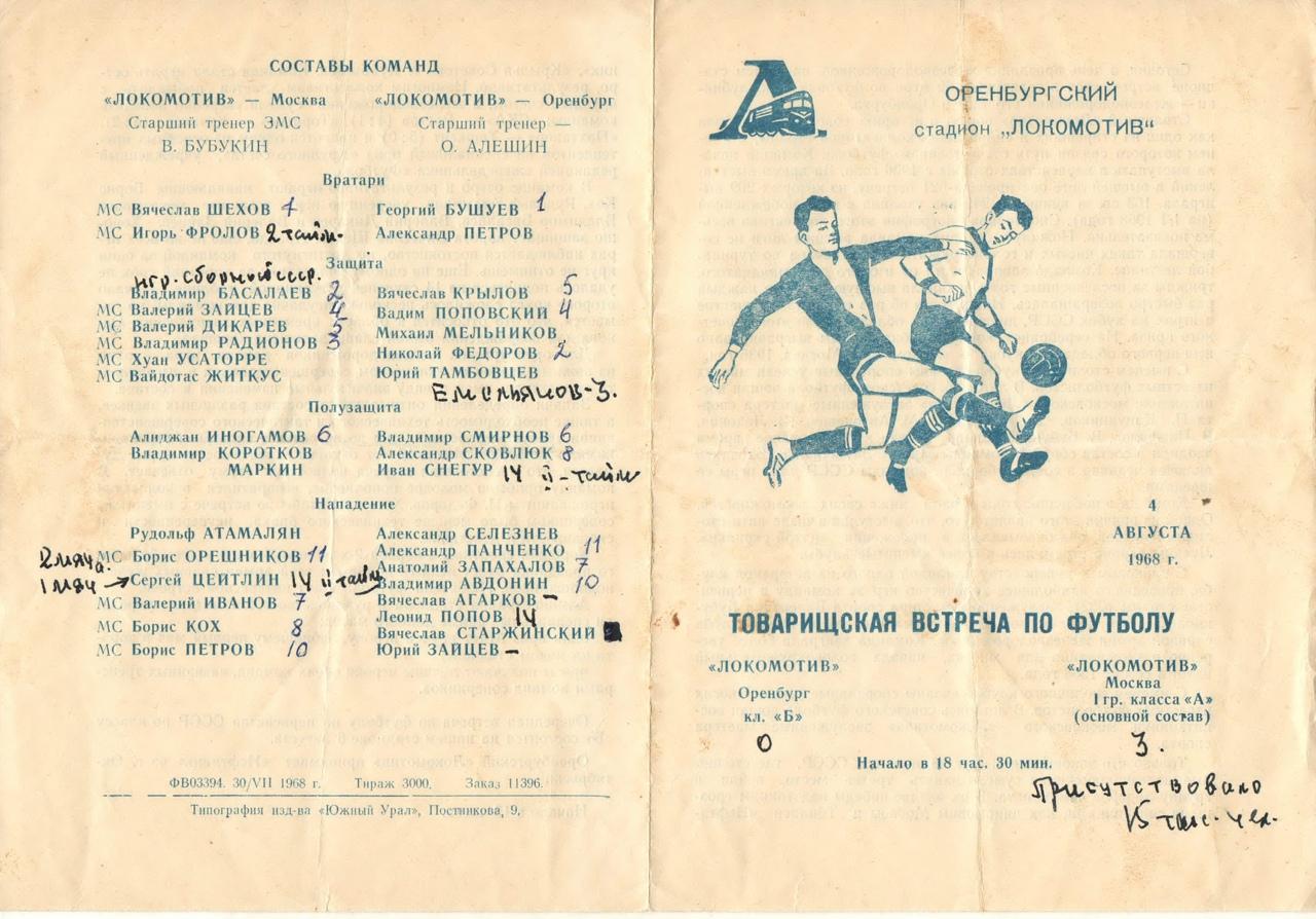 Локомотив Оренбург — Локомотив Москва, 04.08.1968 товарищеский матч