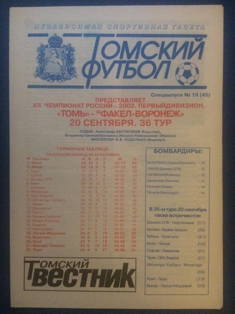 Томь (Томск) - Факел (Воронеж) 20.09.2003 г. изд. Томский футбол