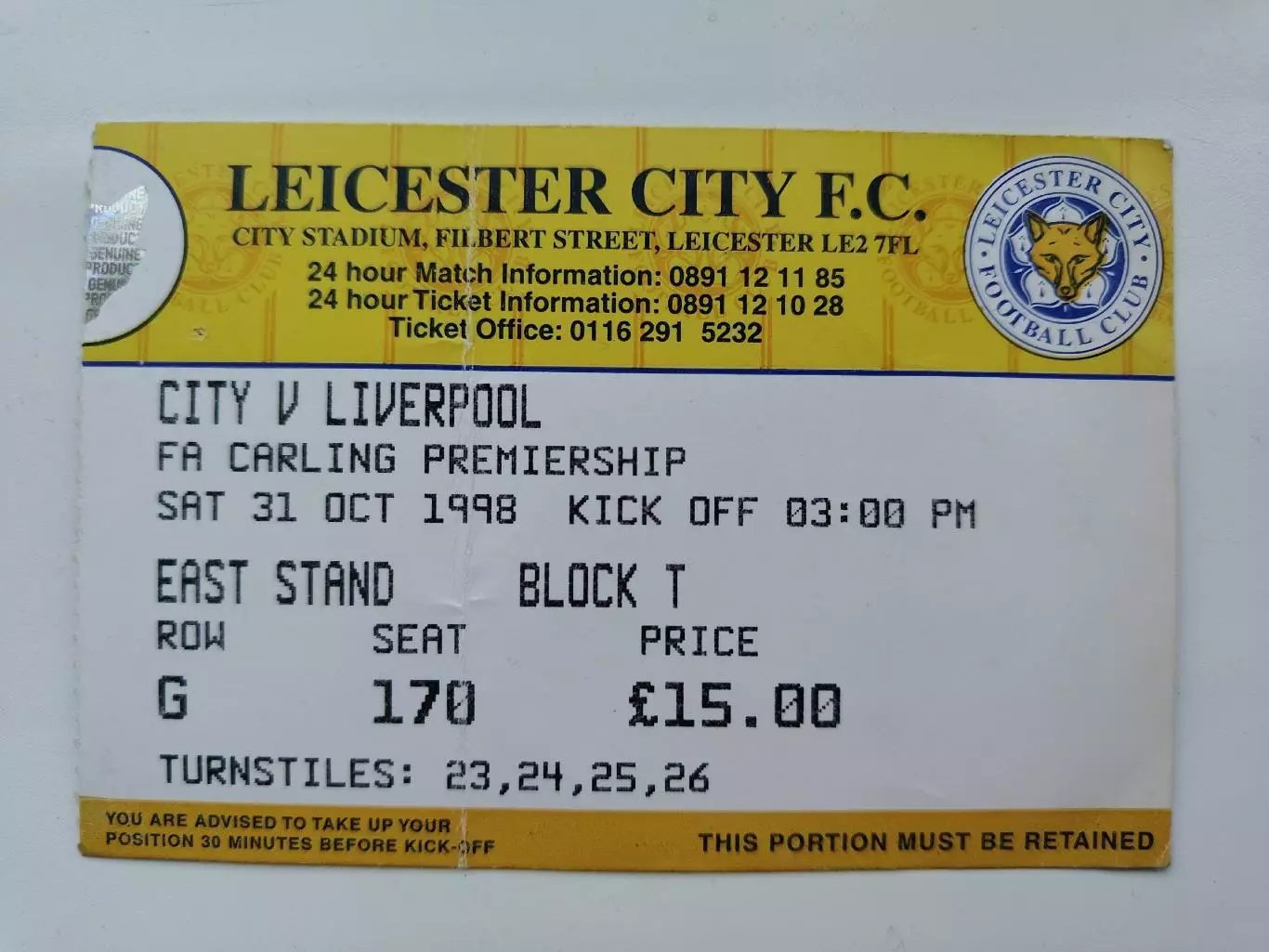 Билет. Англия Лестер Сити - Ливерпуль 31 октября 1998