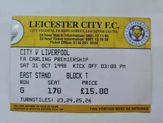 Билет. Англия Лестер Сити - Ливерпуль 31 октября 1998