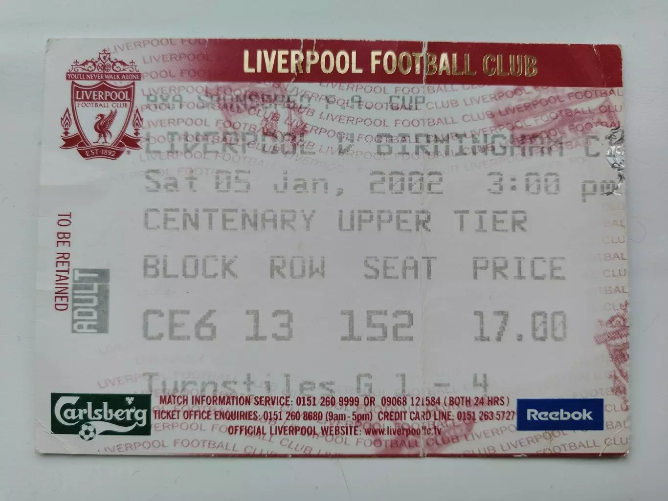 Билет. Англия Ливерпуль - Бирмингем Сити 5 января 2002