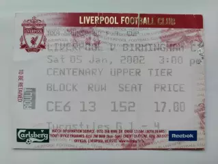 Билет. Англия Ливерпуль - Бирмингем Сити 5 января 2002