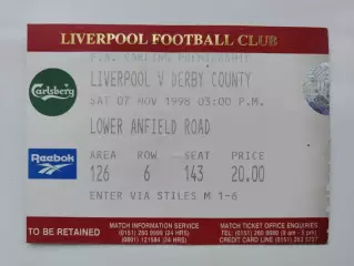 Билет. Англия Ливерпуль - Дерби Каунти 7 ноября 1998