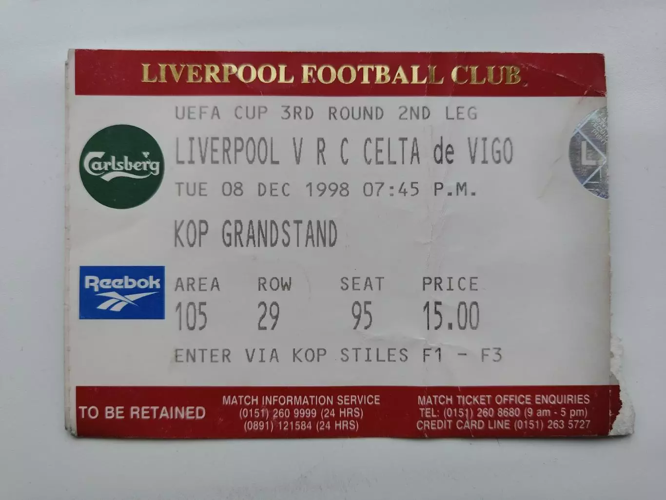 Билет. Ливерпуль Англия - Сельта Виго Испания 8 декабря 1998