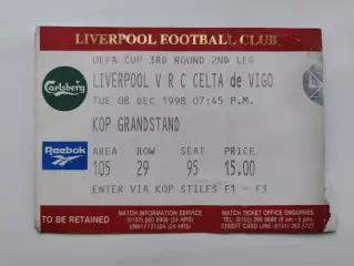 Билет. Ливерпуль Англия - Сельта Виго Испания 8 декабря 1998
