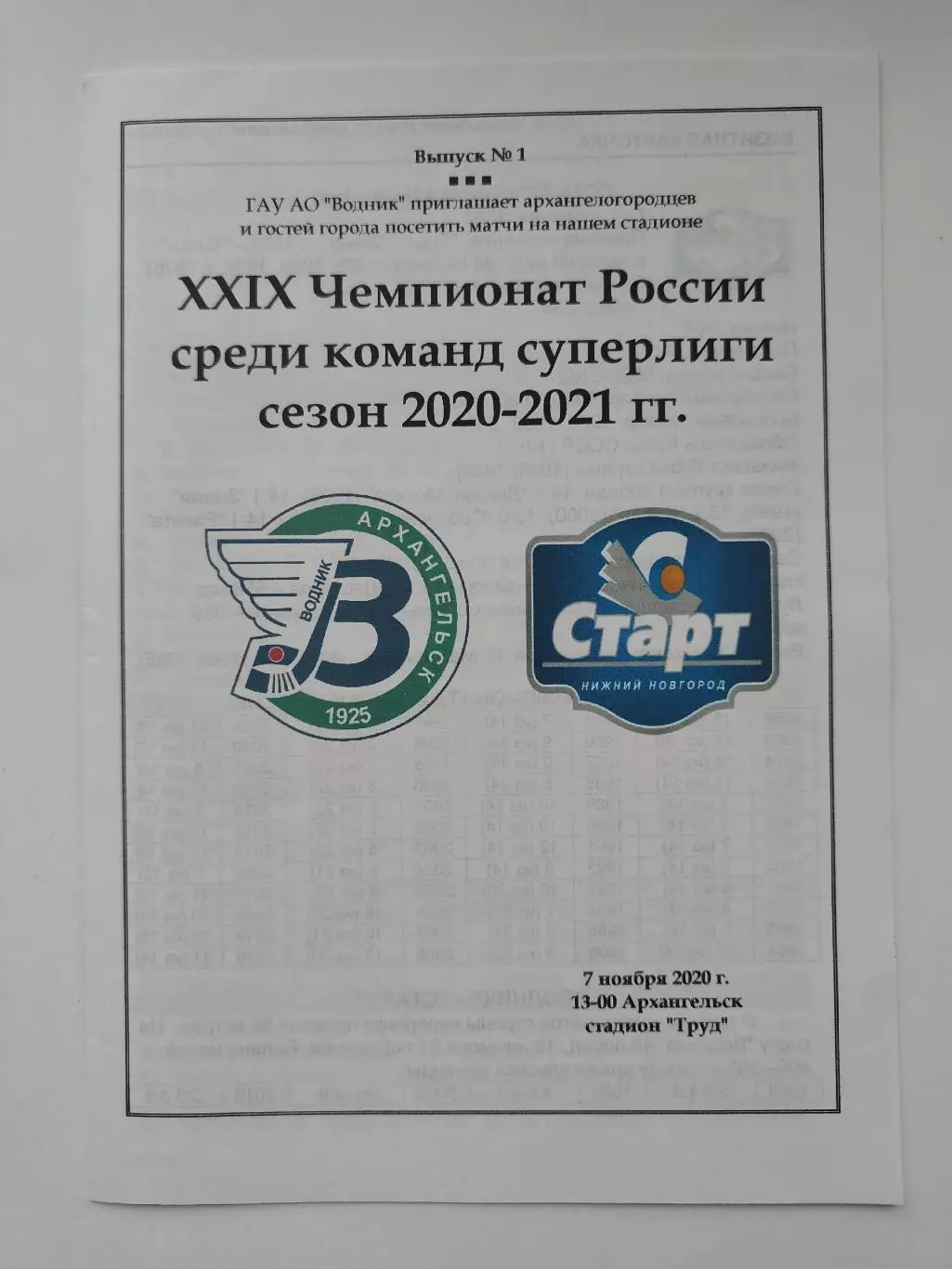 Хоккей с мячом. Водник Архангельск - Старт Нижний Новгород 7 ноября 2020