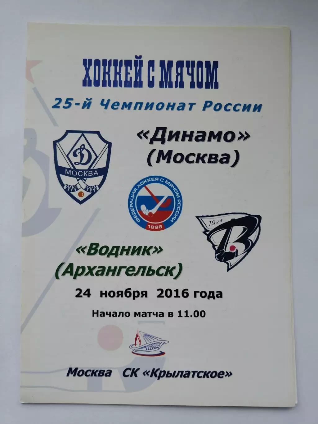Хоккей с мячом Динамо Москва - Водник Архангельск 24 ноября 2016 на первый матч