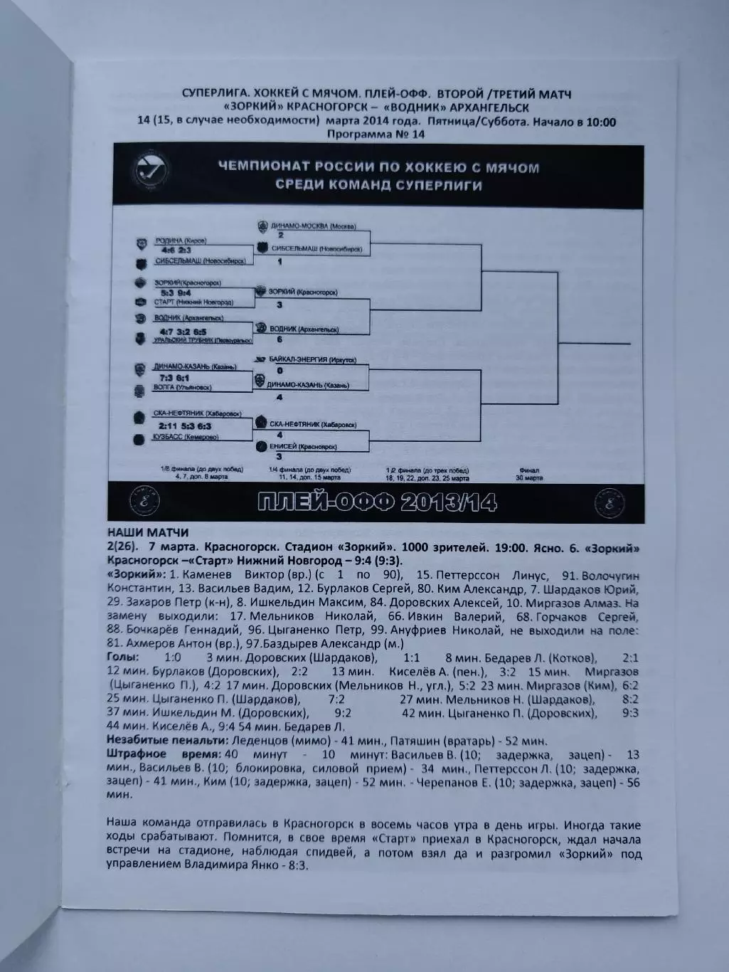 Хоккей с мячом. Зоркий Красногорск Водник Архангельск 14/15 марта 2014 плей-офф 1