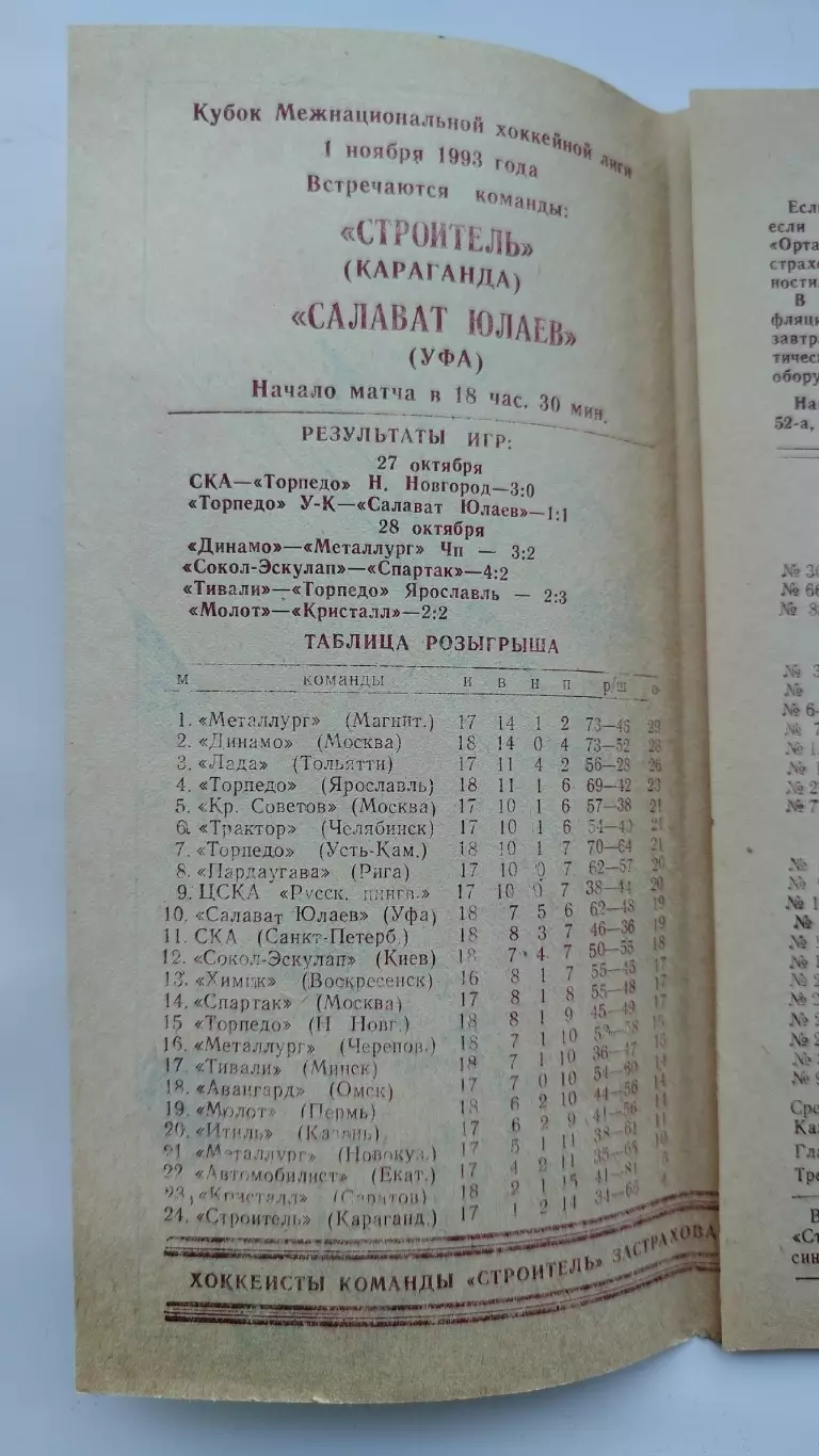 Строитель Караганда - Салават Юлаев Уфа 1 ноября 1993 1