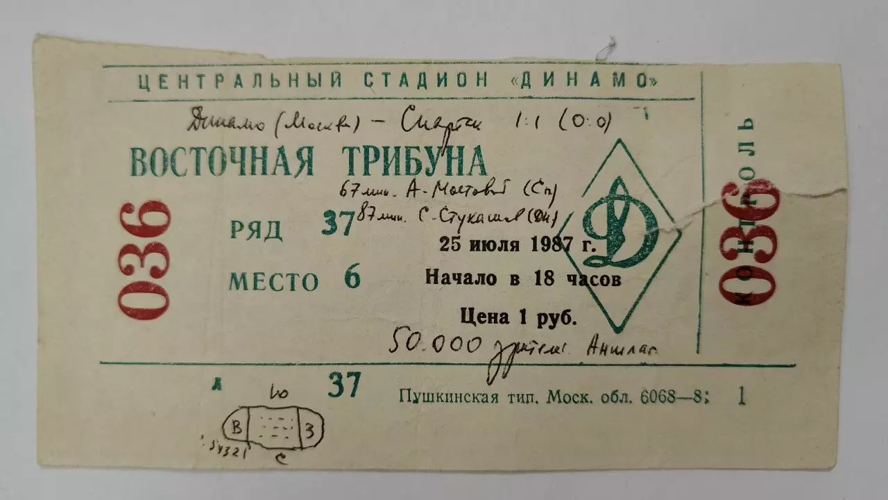 Билет. Динамо Москва - Спартак Москва 25 июля 1987