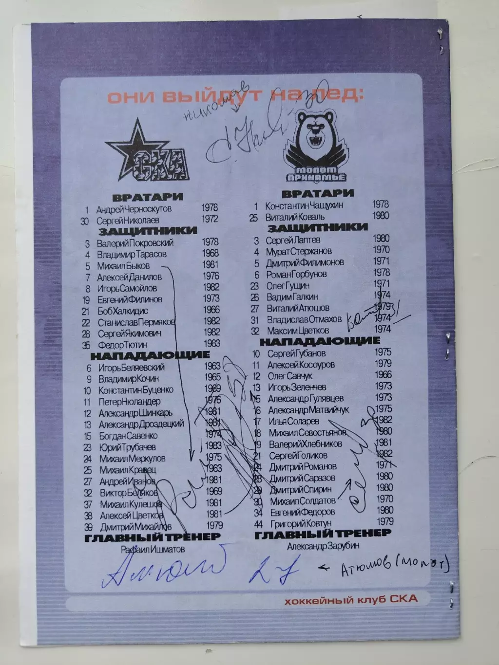 03.03 2001 Автографы СКА Санкт-Петербург и Молот Пермь - в описании 1