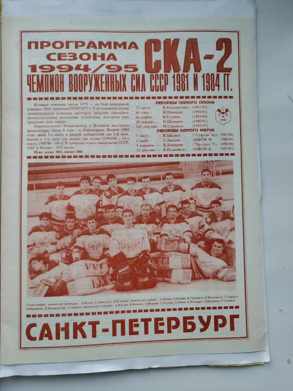 Хоккей. Фото-буклет/Программа сезона. СКА-2 Санкт-Петербург 1994/95