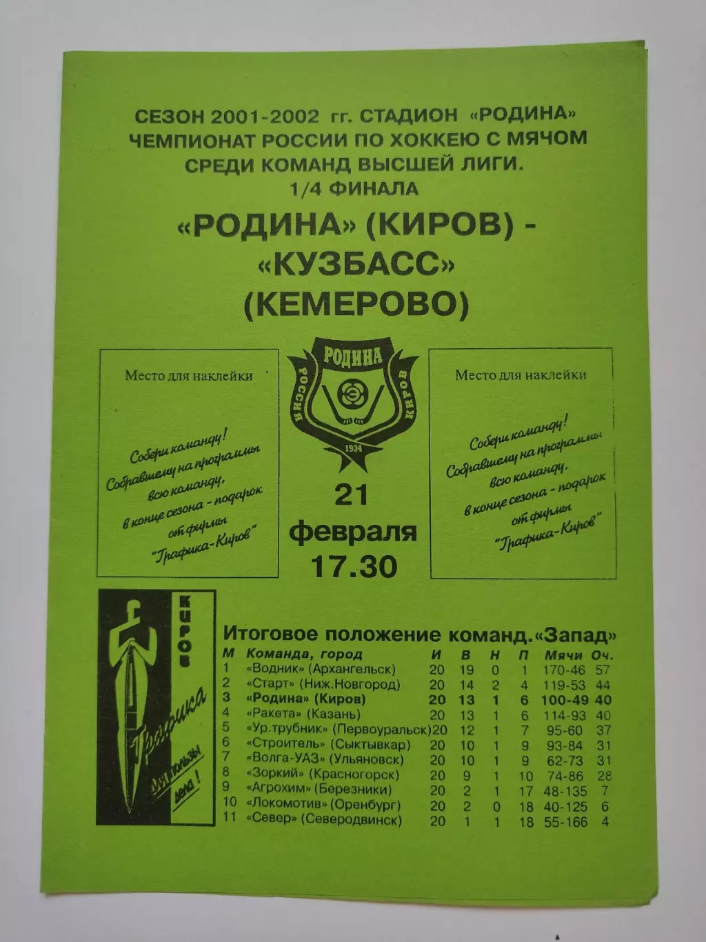 Хоккей с мячом. Родина Киров - Кузбасс Кемерово 21 февраля 2002 плей-офф
