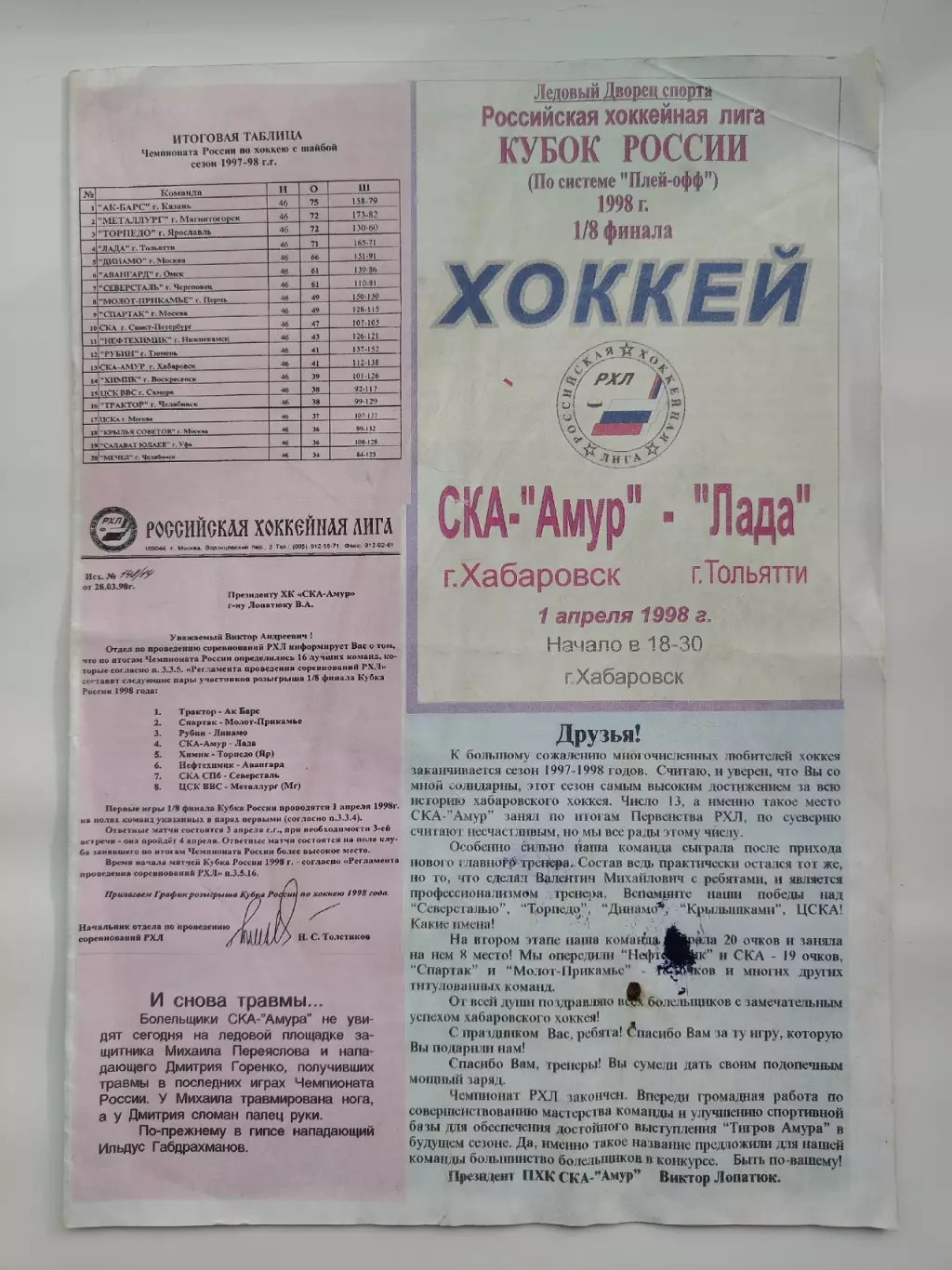 СКА-Амур Хабаровск - Лада Тольятти 1 апреля 1998 плей-офф