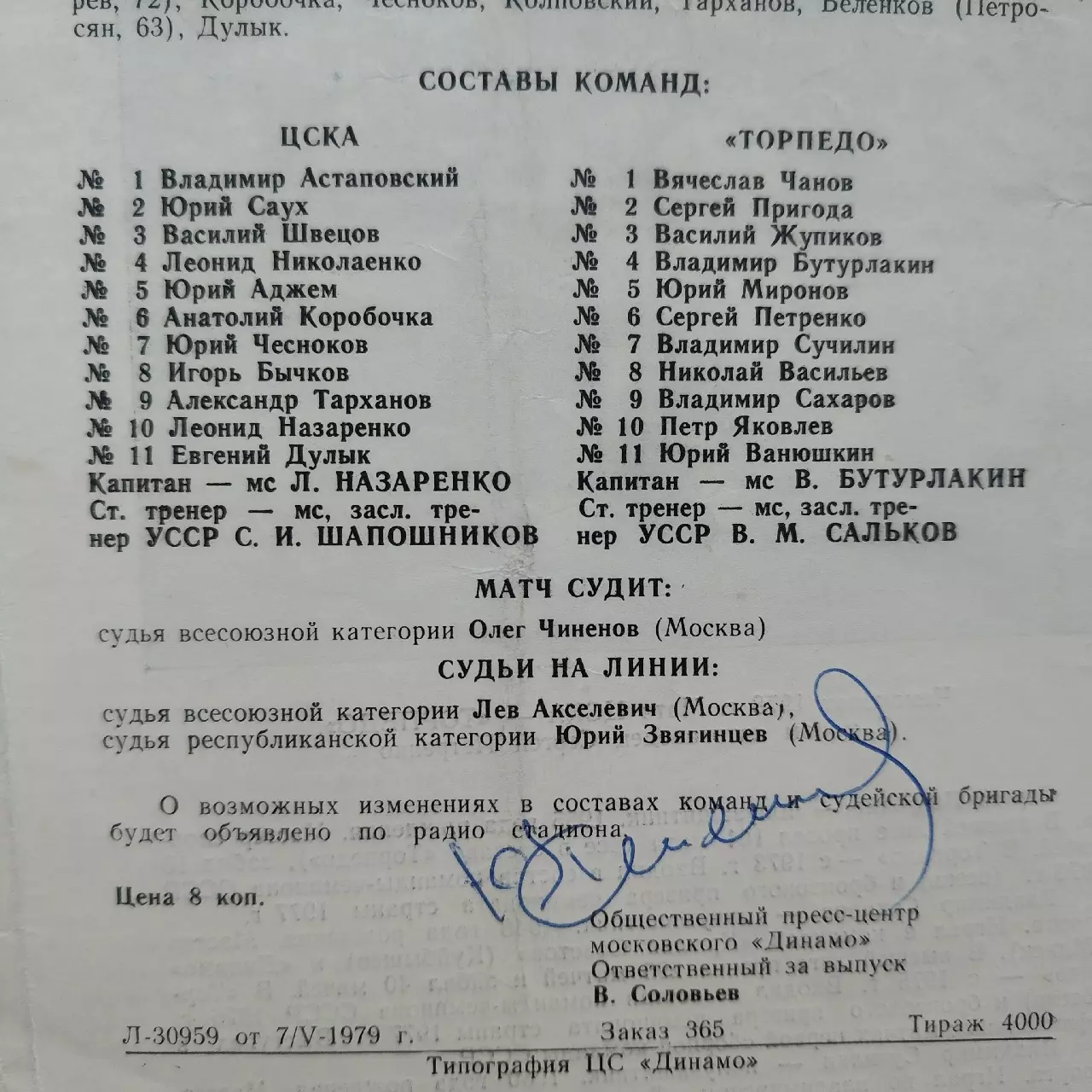 Оригинальные автографы с матча ЦСКА Торпедо Москва 1979 (7 игроков, см. на фото) 1
