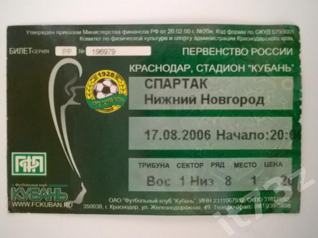 Билет. Кубань Краснодар - Спартак Нижний Новгород. 2006