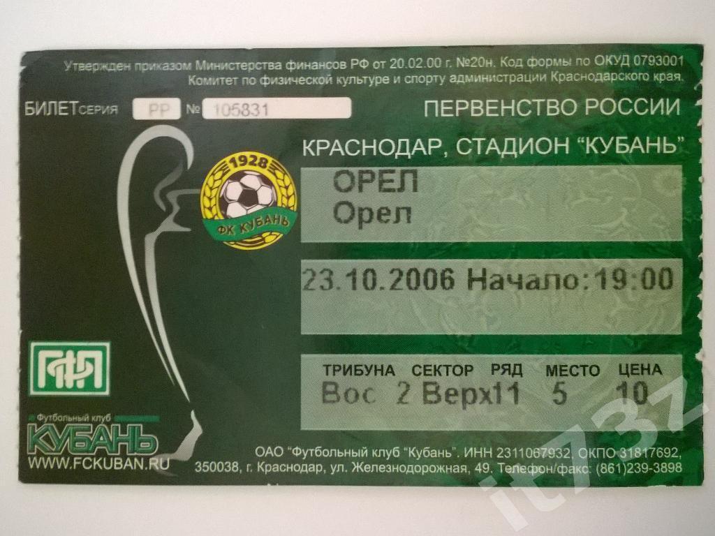 Билет. Кубань Краснодар - Орел. 2006