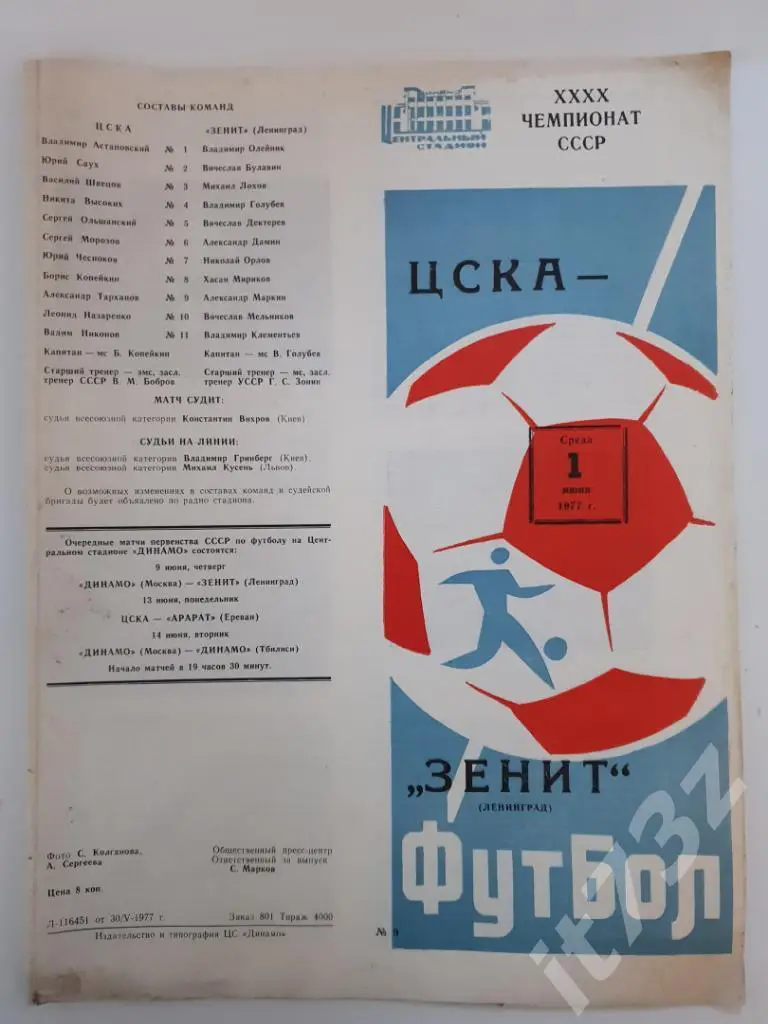 ЦСКА Москва - Зенит Ленинград. 1977