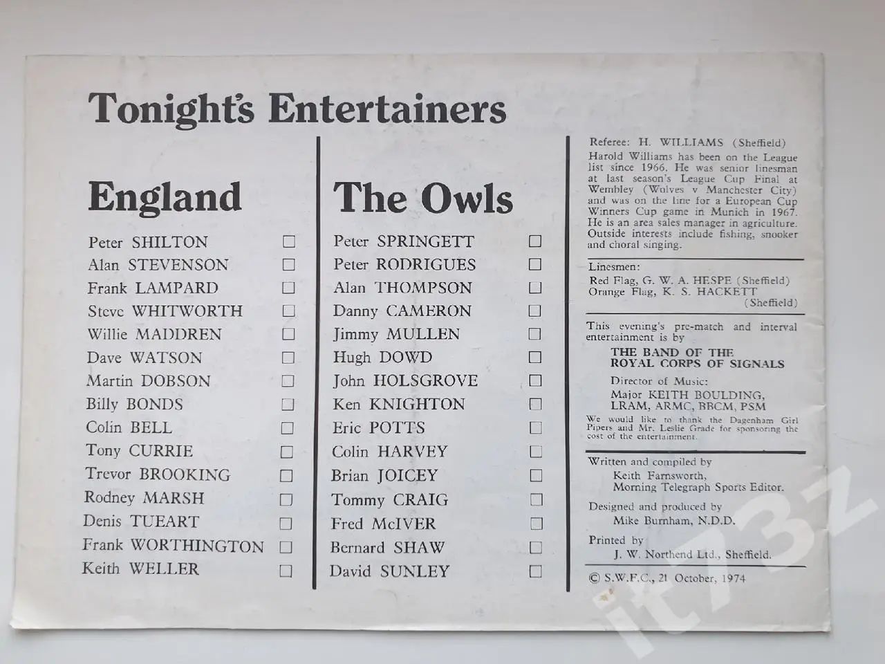 Хиллсборо. Шеффилд Уэнсдей - сборная Англии 21 октября 1974 памяти Эрика Тейлора 1