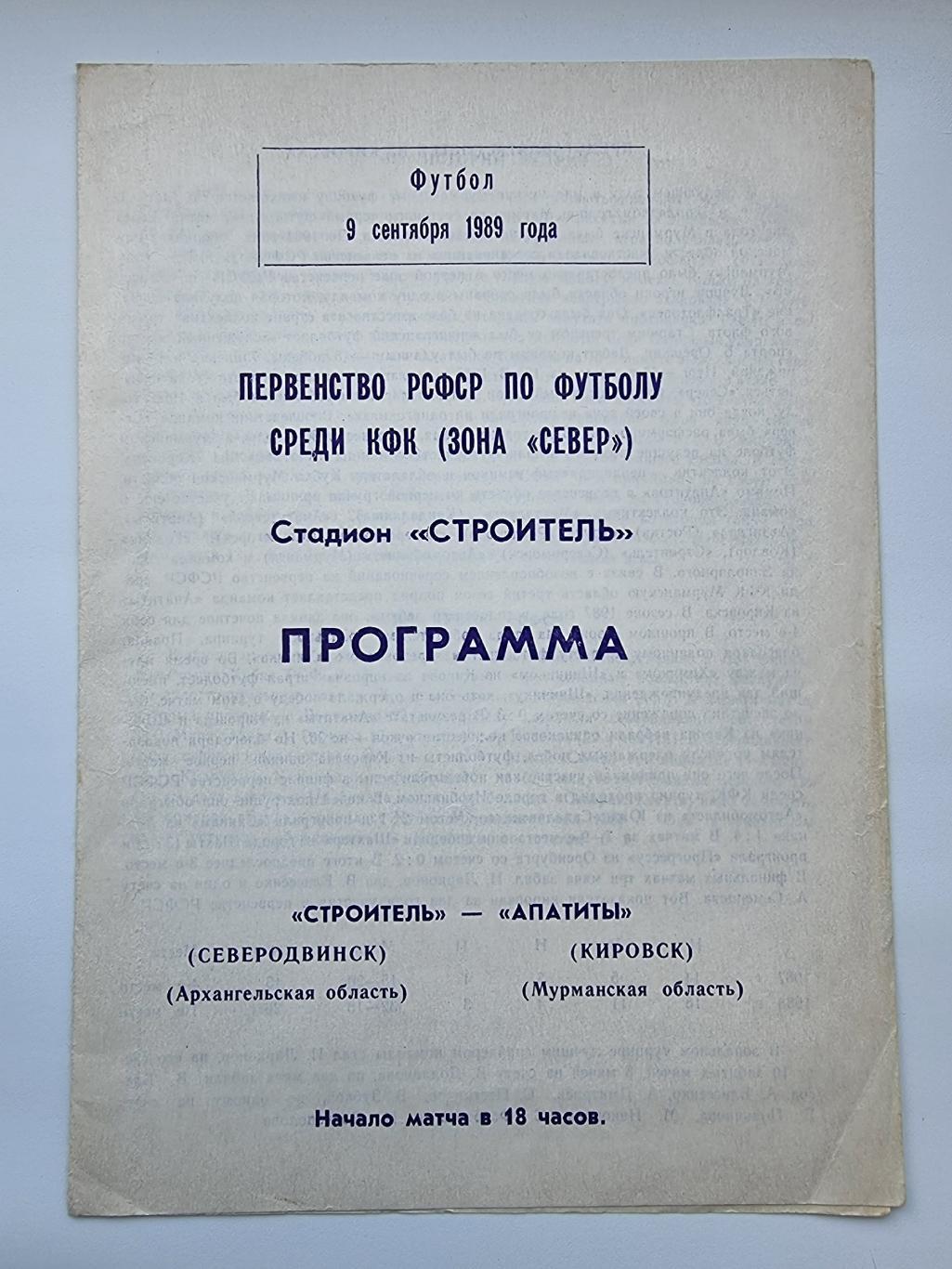 Строитель Северодвинск Апатиты Кировск 1989 пер во РСФСР КФК зона Север