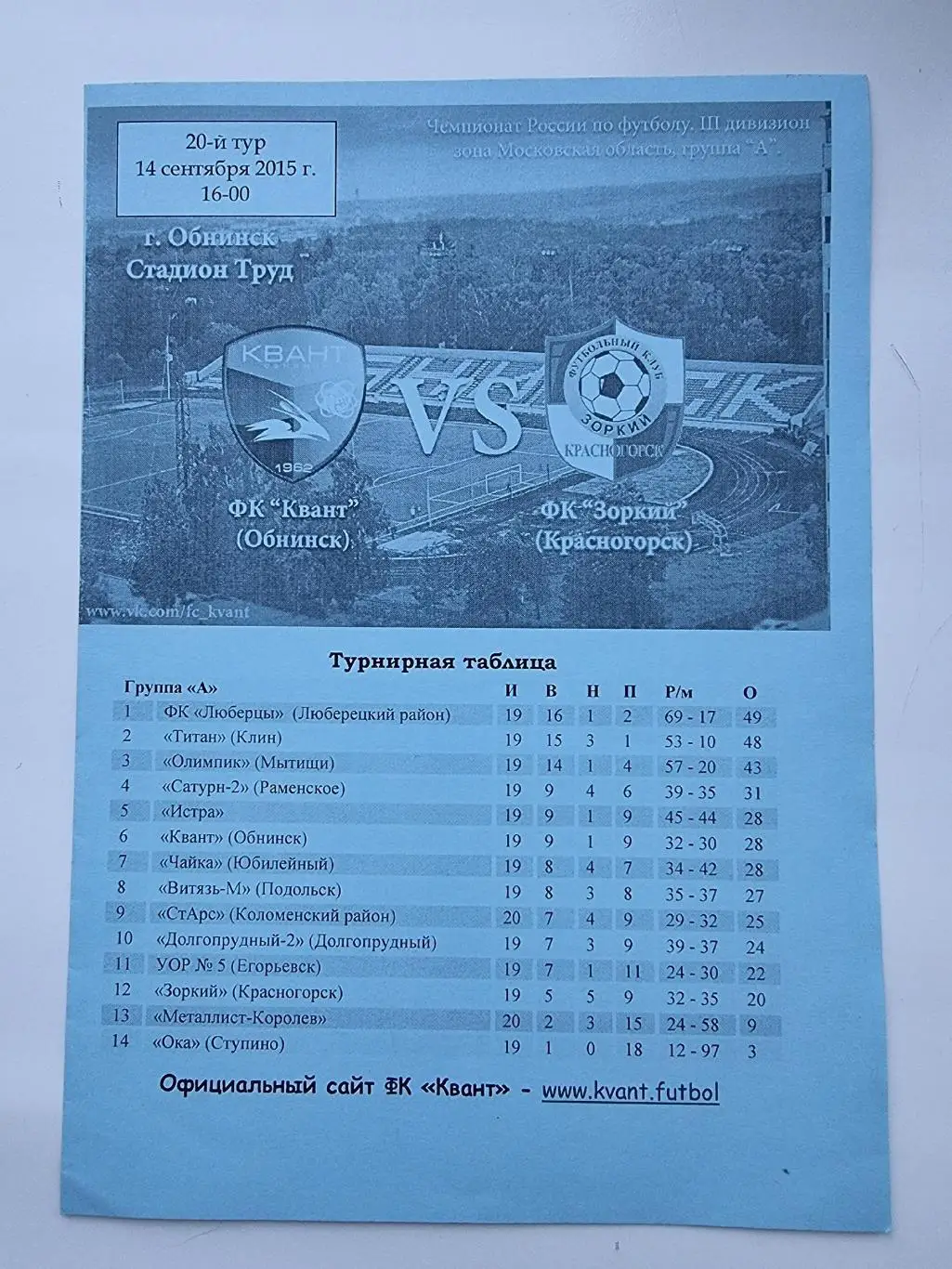 Квант Обнинск - Зоркий Красногорск 14 сентября 2015
