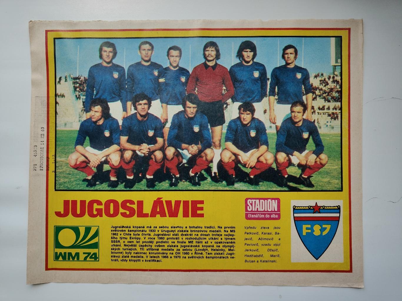 Постер. Сборная Югославия 1974 ЧМ (журнал Стадион/Stadion Чехословакия)