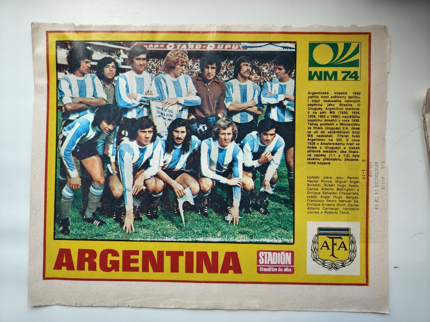 Постер. Сборная Аргентина 1974 ЧМ (журнал Стадион/Stadion Чехословакия)