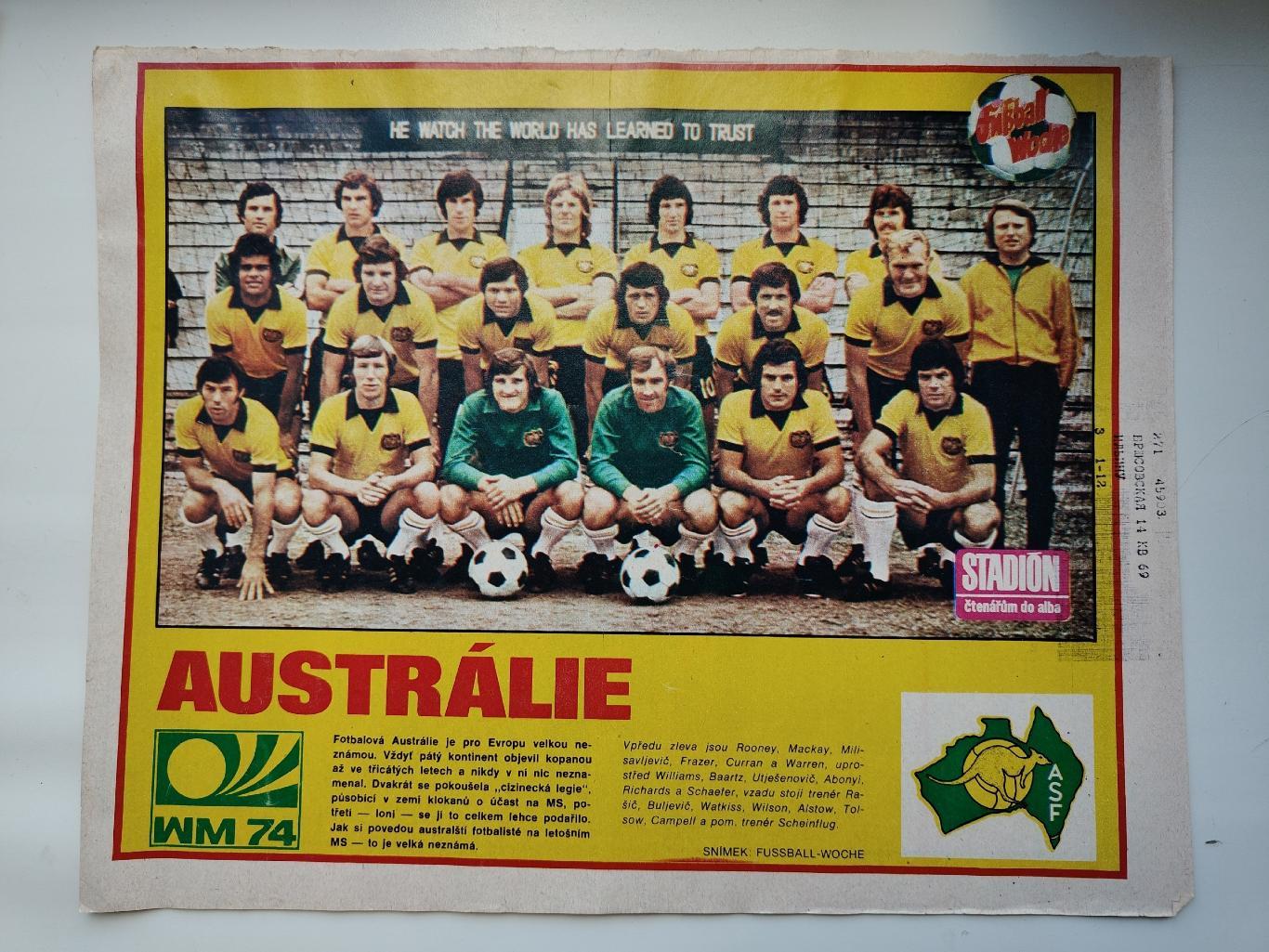 Постер. Сборная Австралия 1974 ЧМ (журнал Стадион/Stadion Чехословакия)