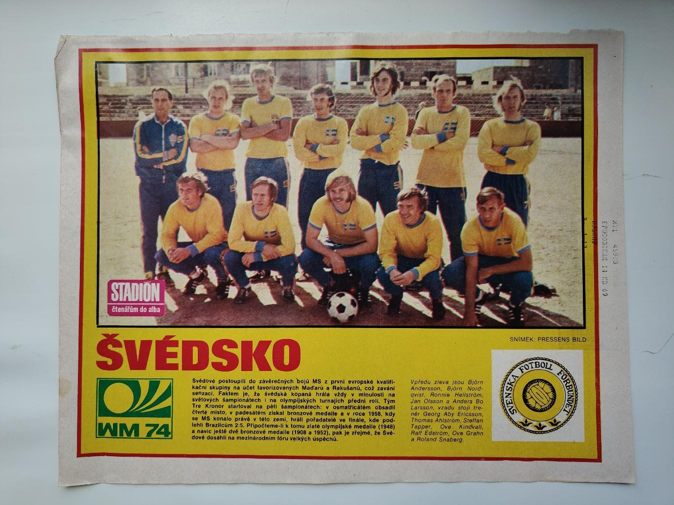 Постер. Сборная Швеция 1974 ЧМ (журнал Стадион/Stadion Чехословакия)