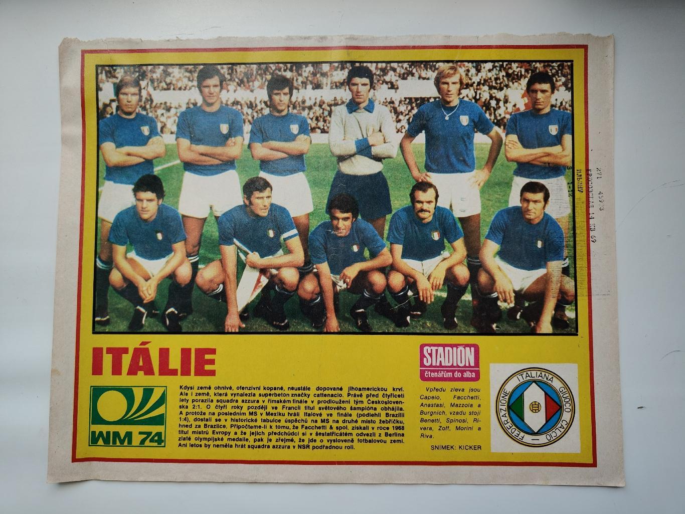 Постер. Сборная Италия 1974 ЧМ (журнал Стадион/Stadion Чехословакия)